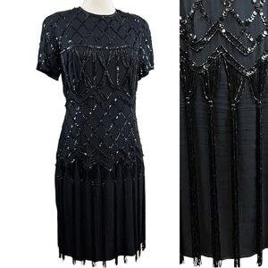 Vtg AJ Bari Silk Beaded Sequined Fringe Flapper Formal Evening Dress Black Sz 10